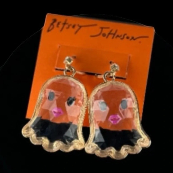 BETSEY JOHNSON Halloween Fun Clear Bevel-Cut Gold-Trimmed Ghost Earrings NEW NWT - Picture 3 of 5